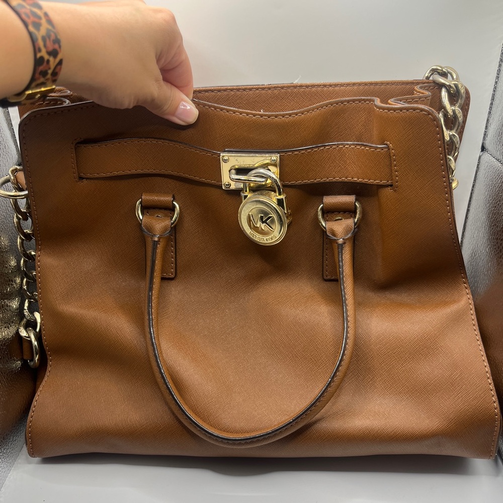 Michael Kors Brown Hamilton Satchel Leather Bag with Gold Hardware